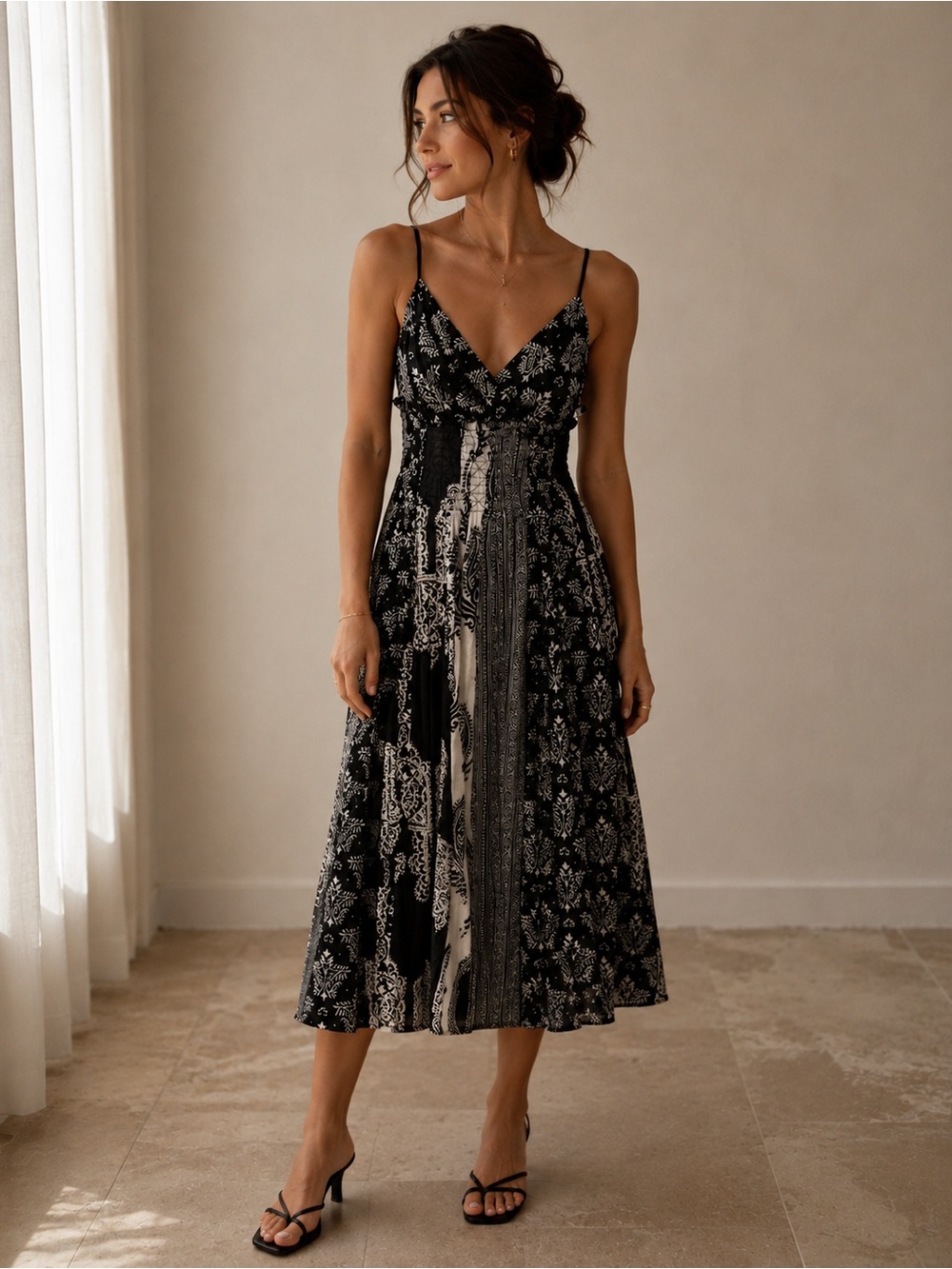 Isda & Co. Black and White Printed Midi Dress - Classic Floral Panel Design